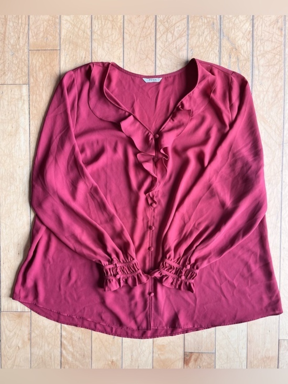 Penningtons Red Ruffle Front Blouse Long Sleeve Size 1X